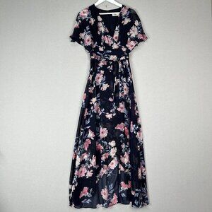 Eliza J Womens Dress 6 Blue Floral Mock Wrap Maxi Cocktail Date High-Low Flutter